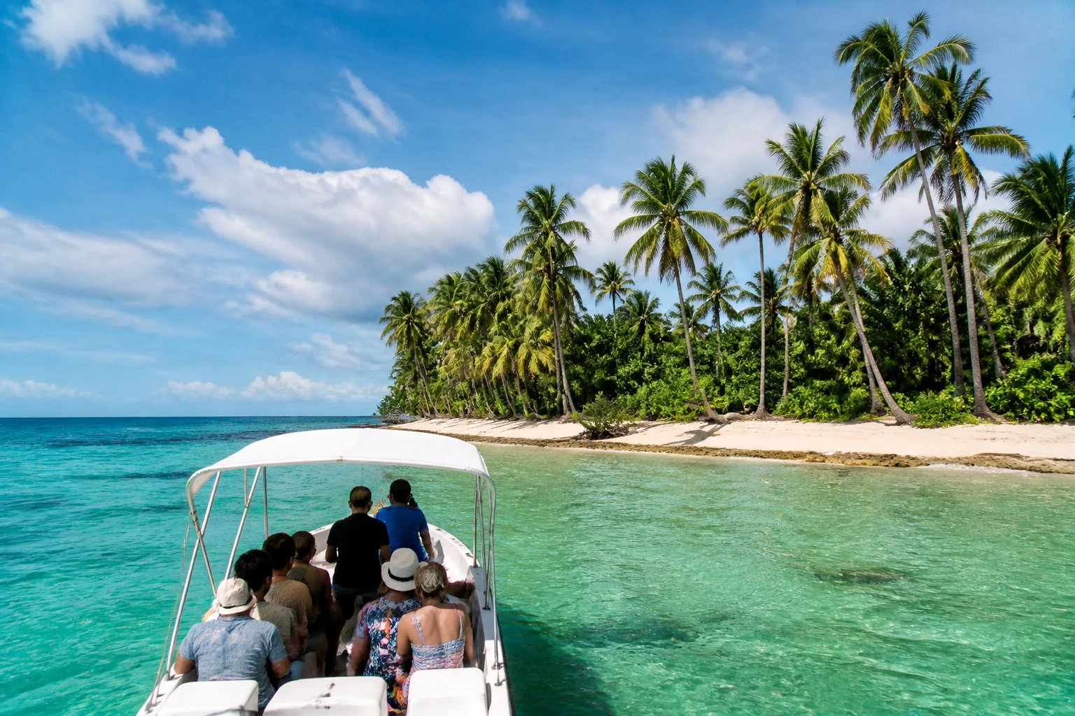 Excursion boat near a palm-lined island shore