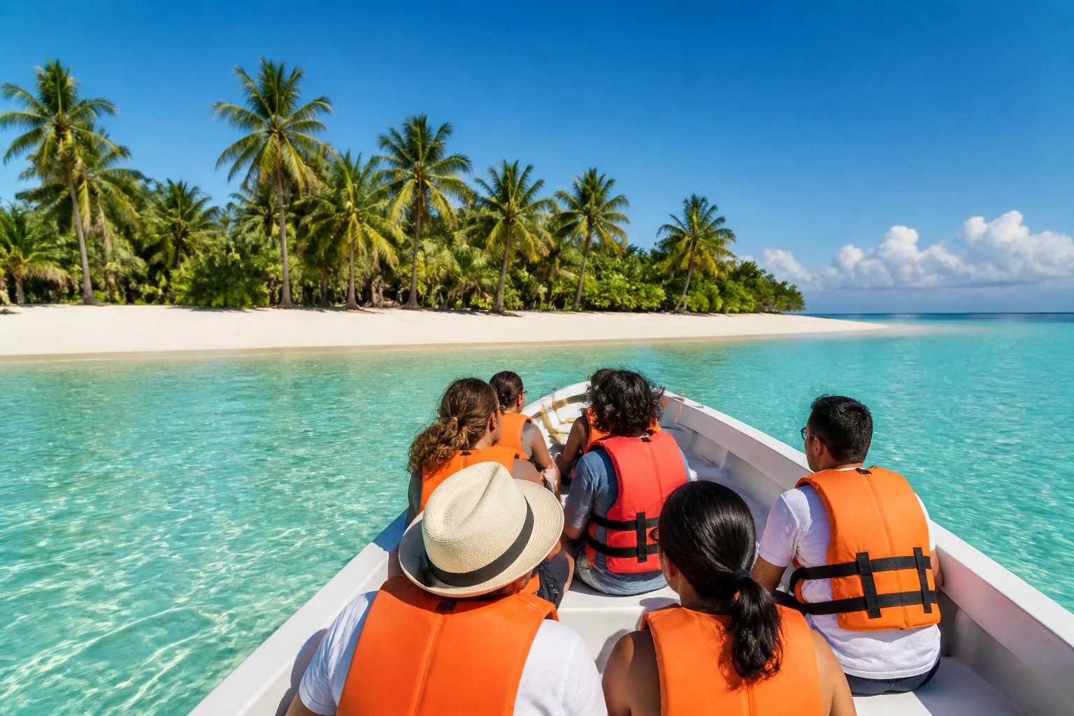 Excursion boat approaching the clear water and beach of Saona Island