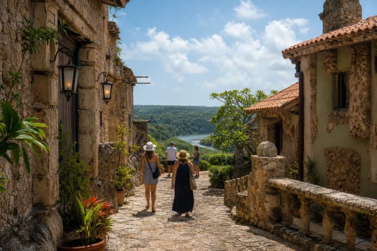 Stone lane at Altos de Chavón overlooking the Chavón River valley
