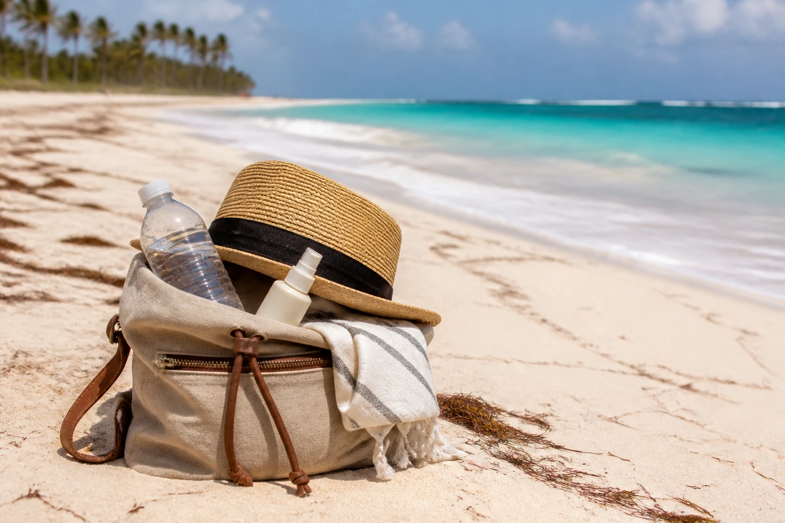 Beach day bag on sand in Punta Cana