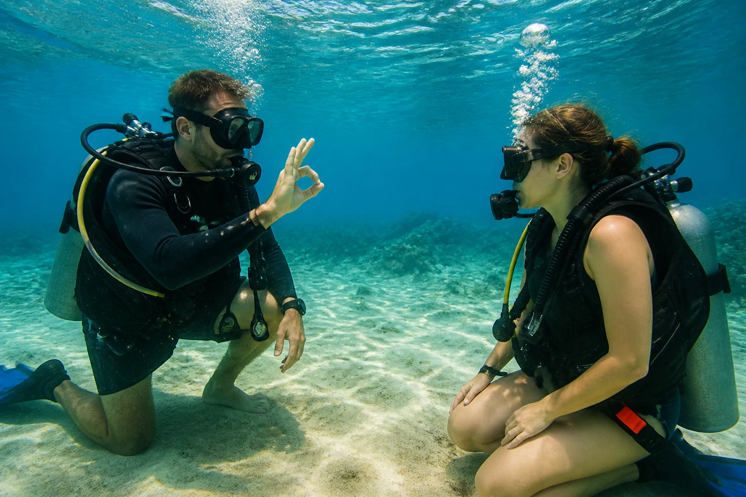 Instructor guiding a beginner through scuba skills practice