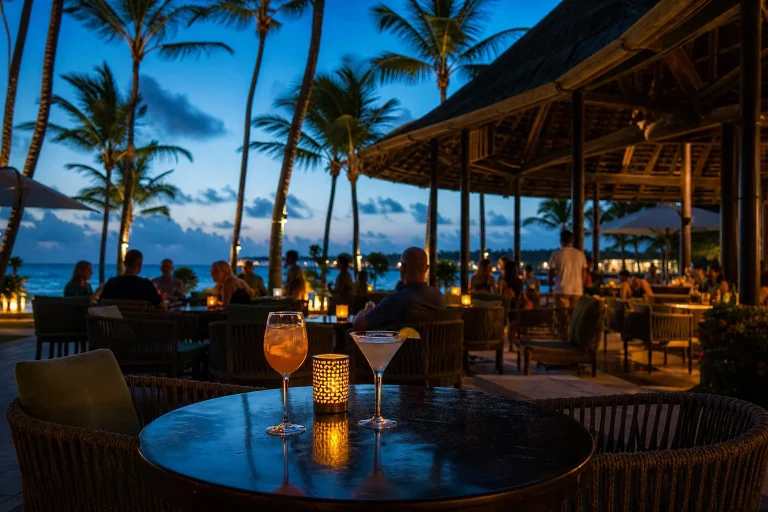 Open-air cocktail lounge in Punta Cana at blue hour