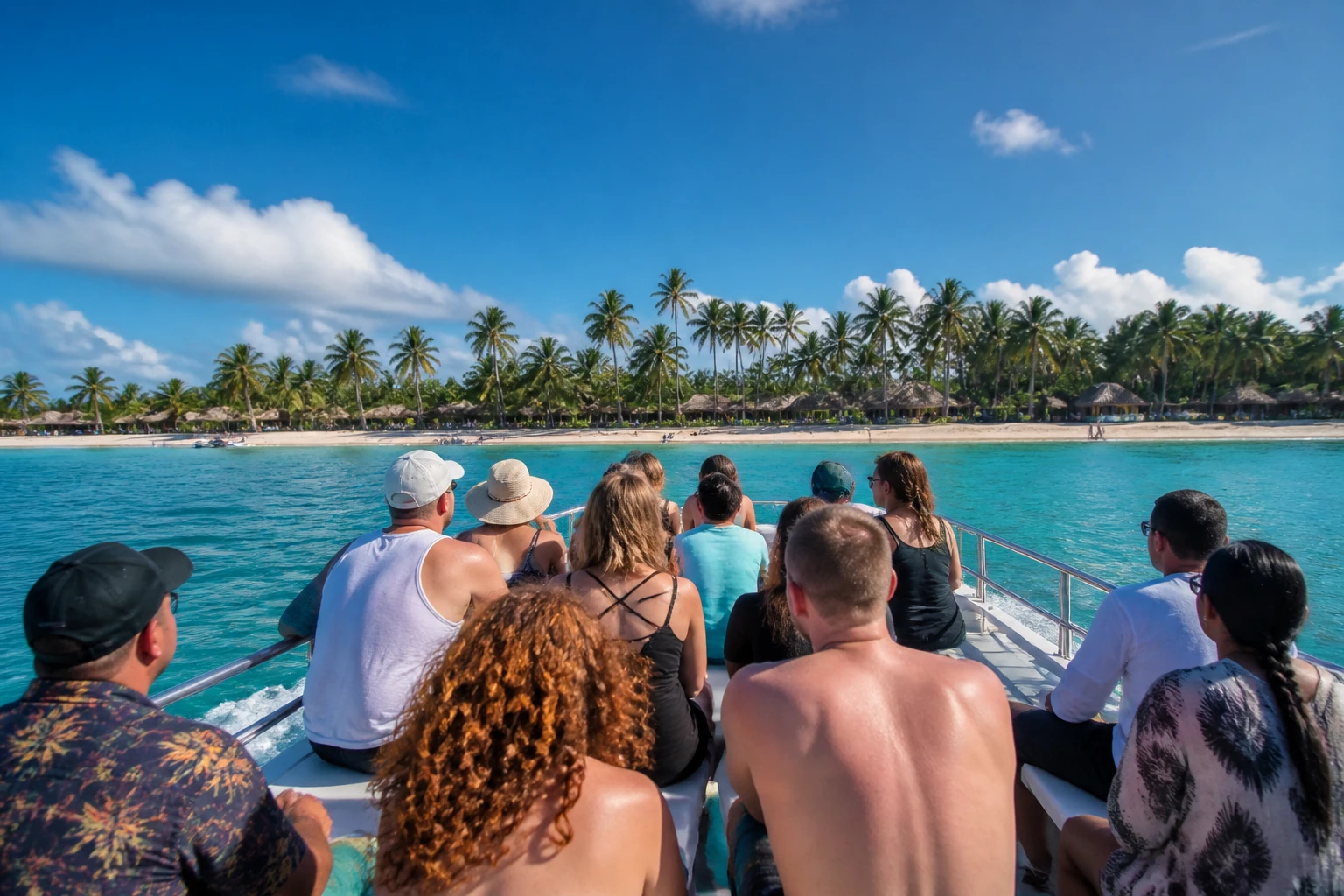 Tour boat nearing an island shoreline on a Saona day trip