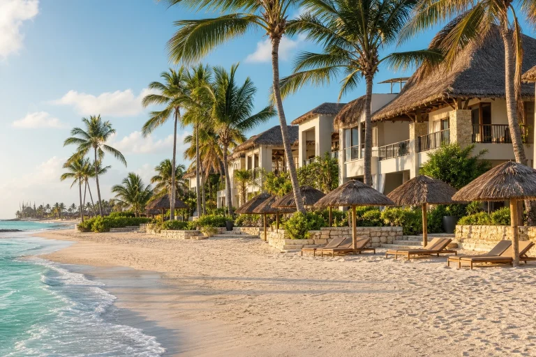 Beachfront resort beside turquoise water in Punta Cana