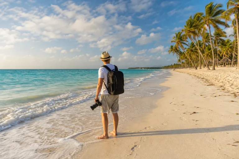 Traveler photographing turquoise water at a Punta Cana beach