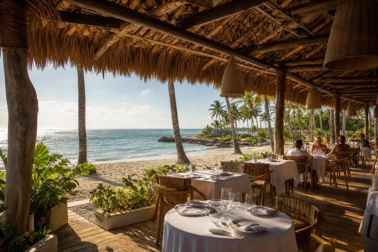 Open-air Punta Cana restaurant beside a sandy Caribbean beach