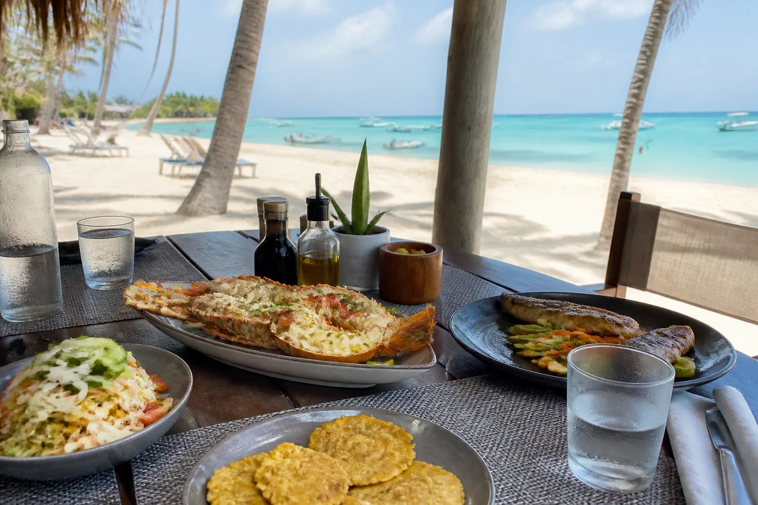 Beachside lunch table overlooking the Caribbean Sea at Playa Blanca