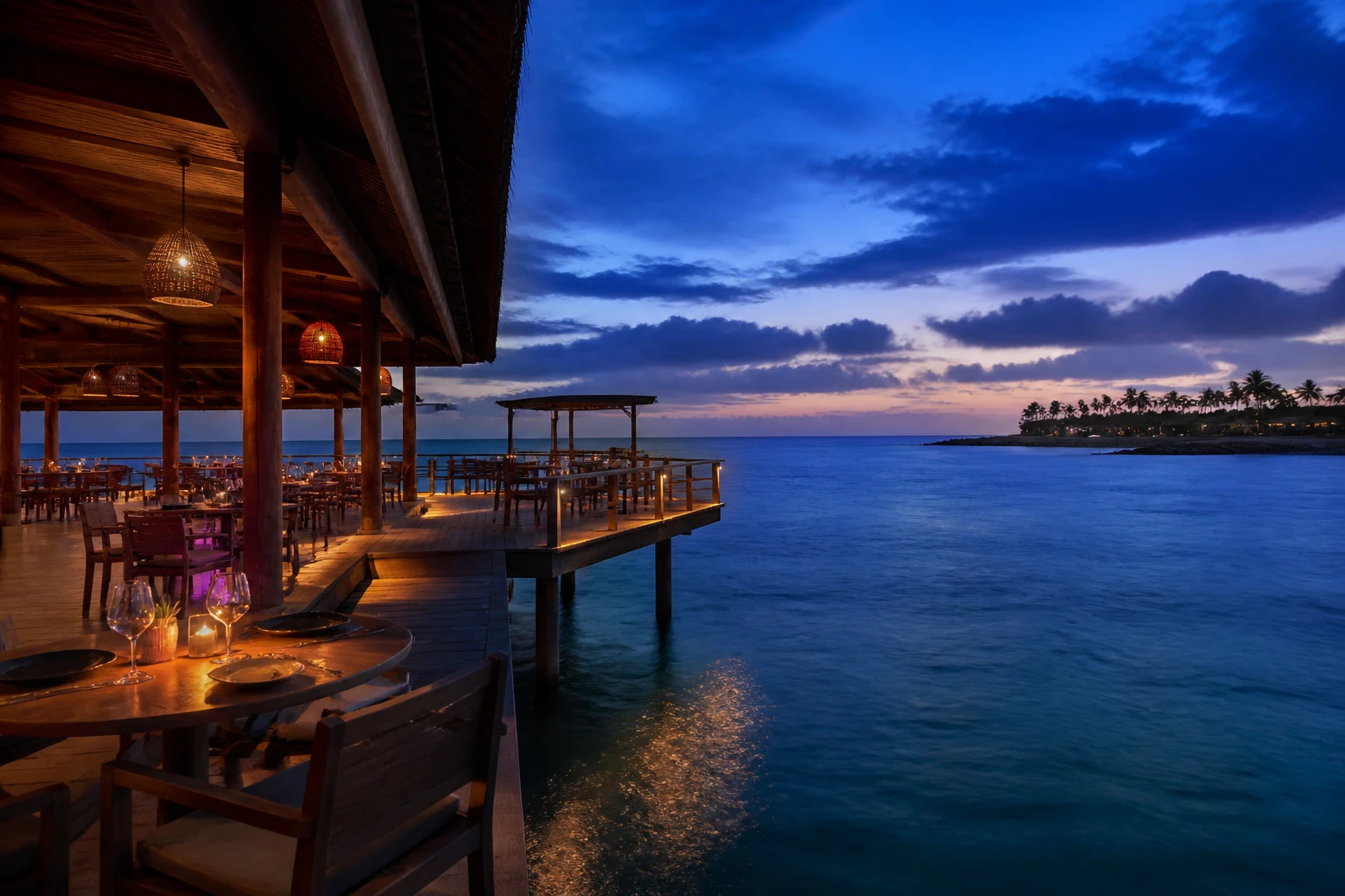 Over-water restaurant terrace near Punta Cana at dusk