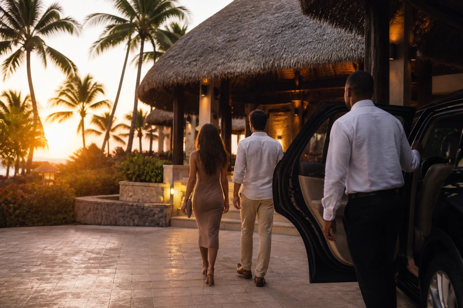 Travelers arriving for a resort restaurant reservation in Punta Cana