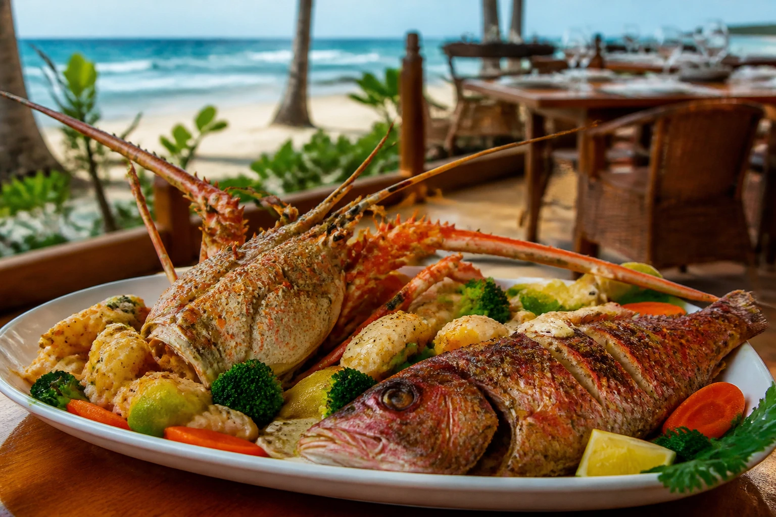 Lobster and red snapper at a Bávaro beachfront restaurant