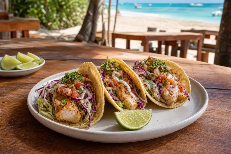 Illustrative fish tacos served in a tropical open-air dining setting