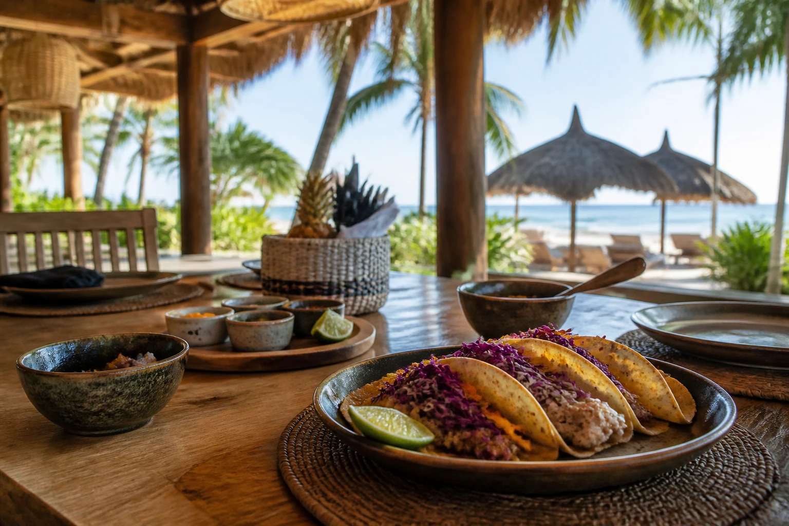 Illustrative open-air table set for a casual tropical meal