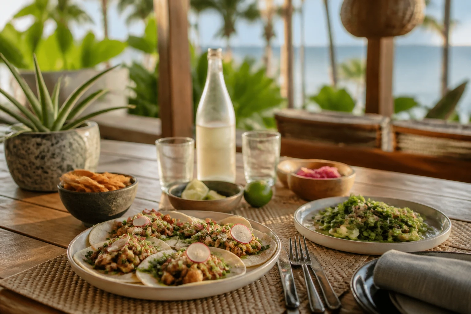 Illustrative casual restaurant table in a tropical setting