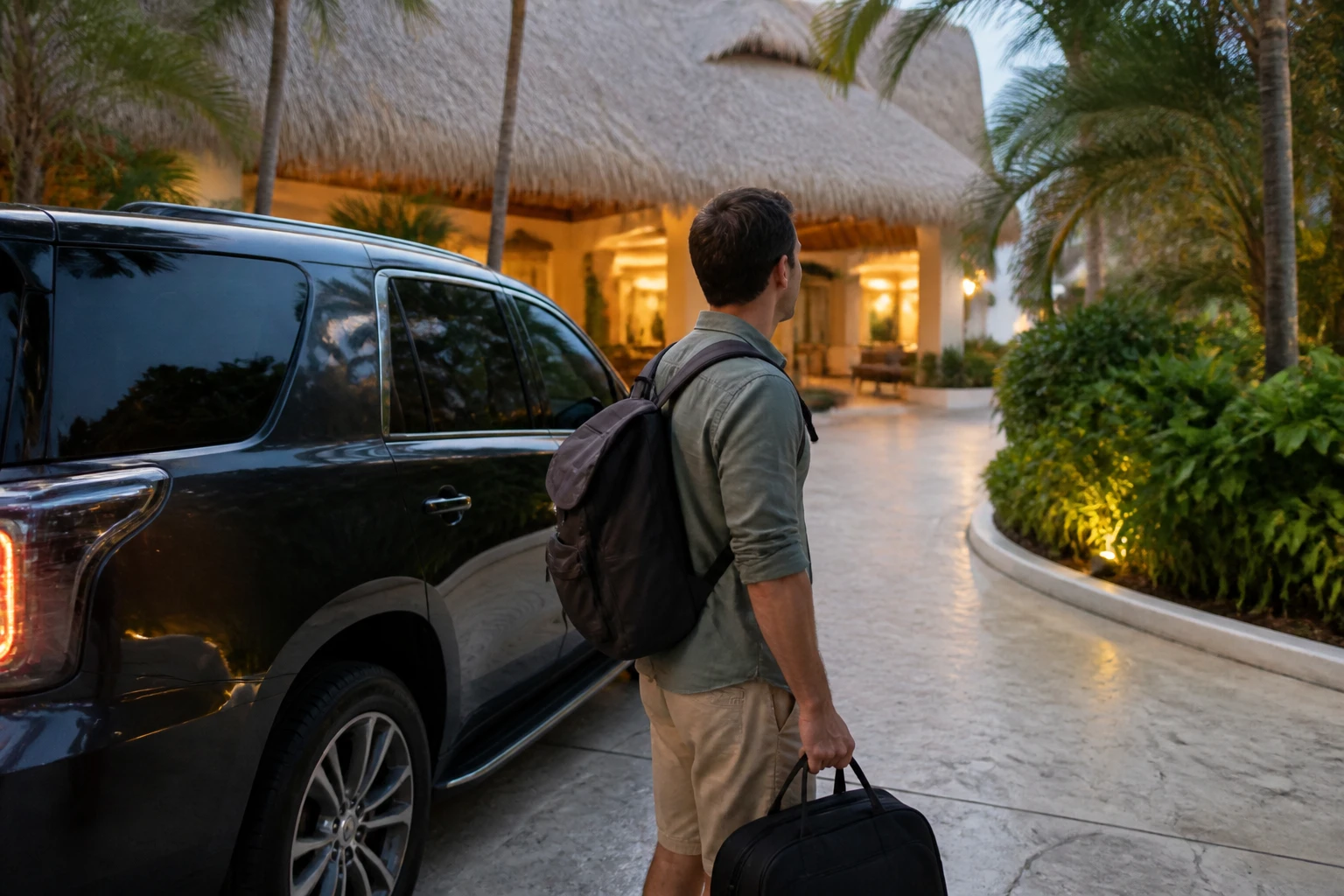 Traveler preparing for an evening return transfer in Punta Cana