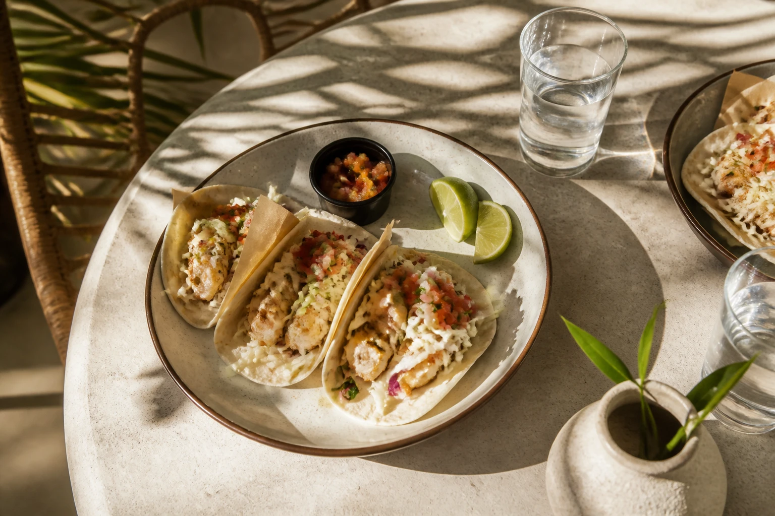 Illustrative casual meal with fish tacos and lime wedges