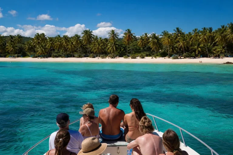 Excursion boat approaching Catalina Island during a day trip from Punta Cana