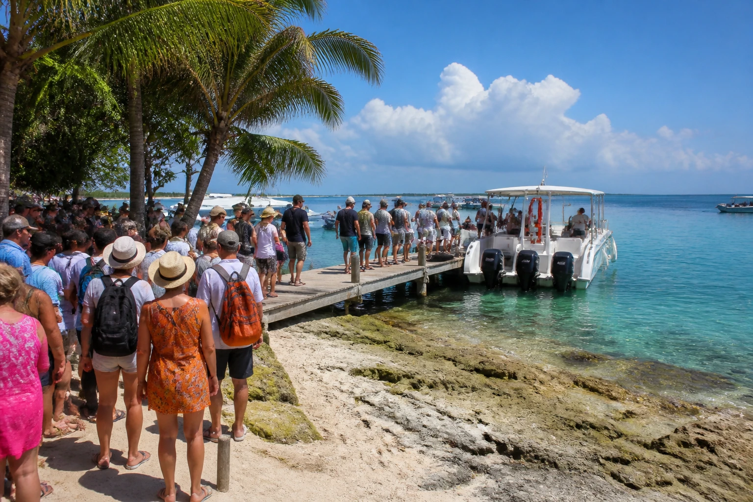 Travelers boarding a boat in Bayahíbe for Cotubanamá National Park
