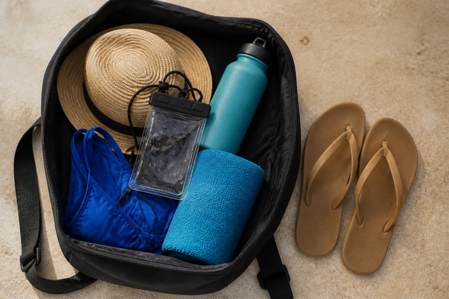 Day bag packed for a water activity in Punta Cana