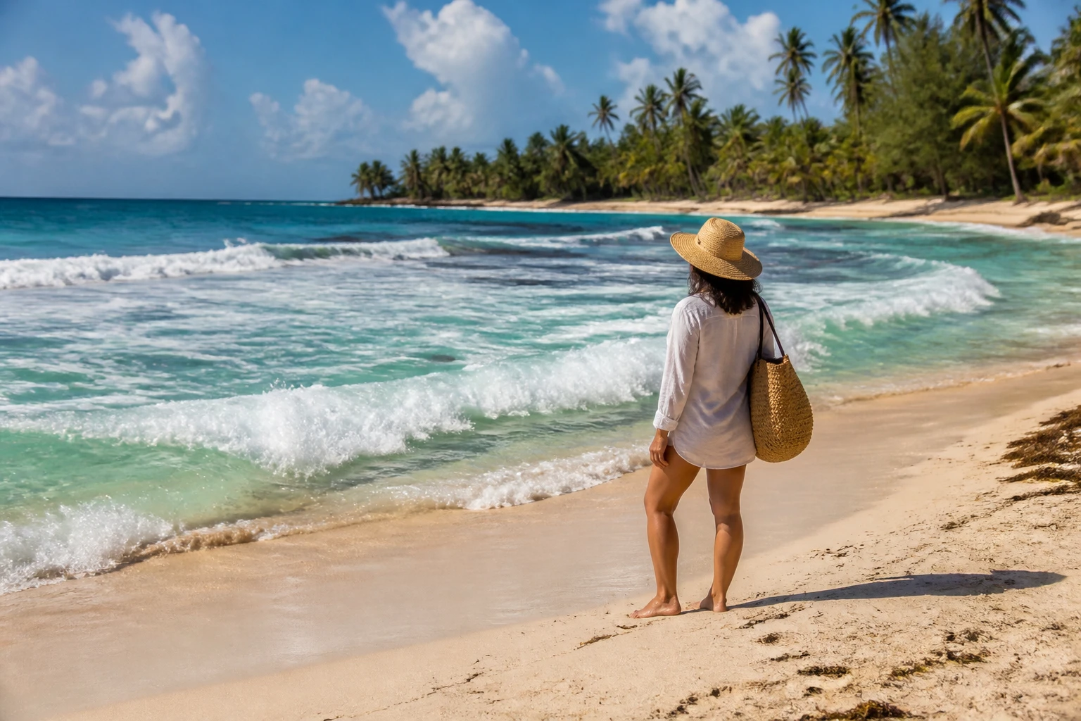 Traveler assessing surf and shoreline conditions before swimming
