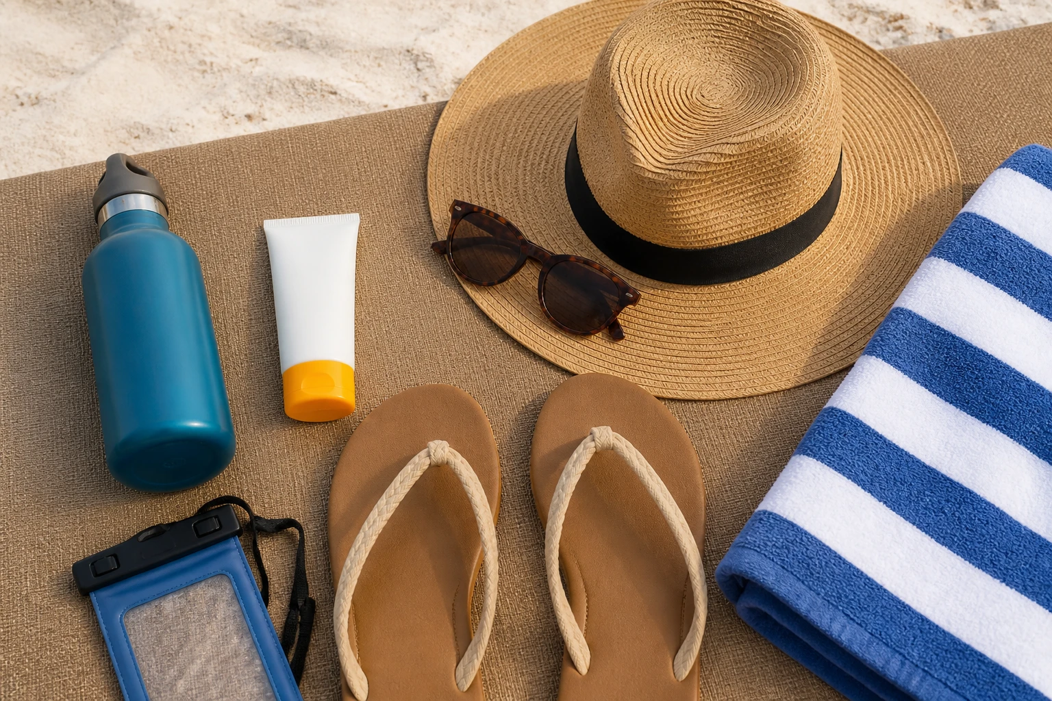 Sun protection, water, towel, and other essentials for Playa Bibijagua