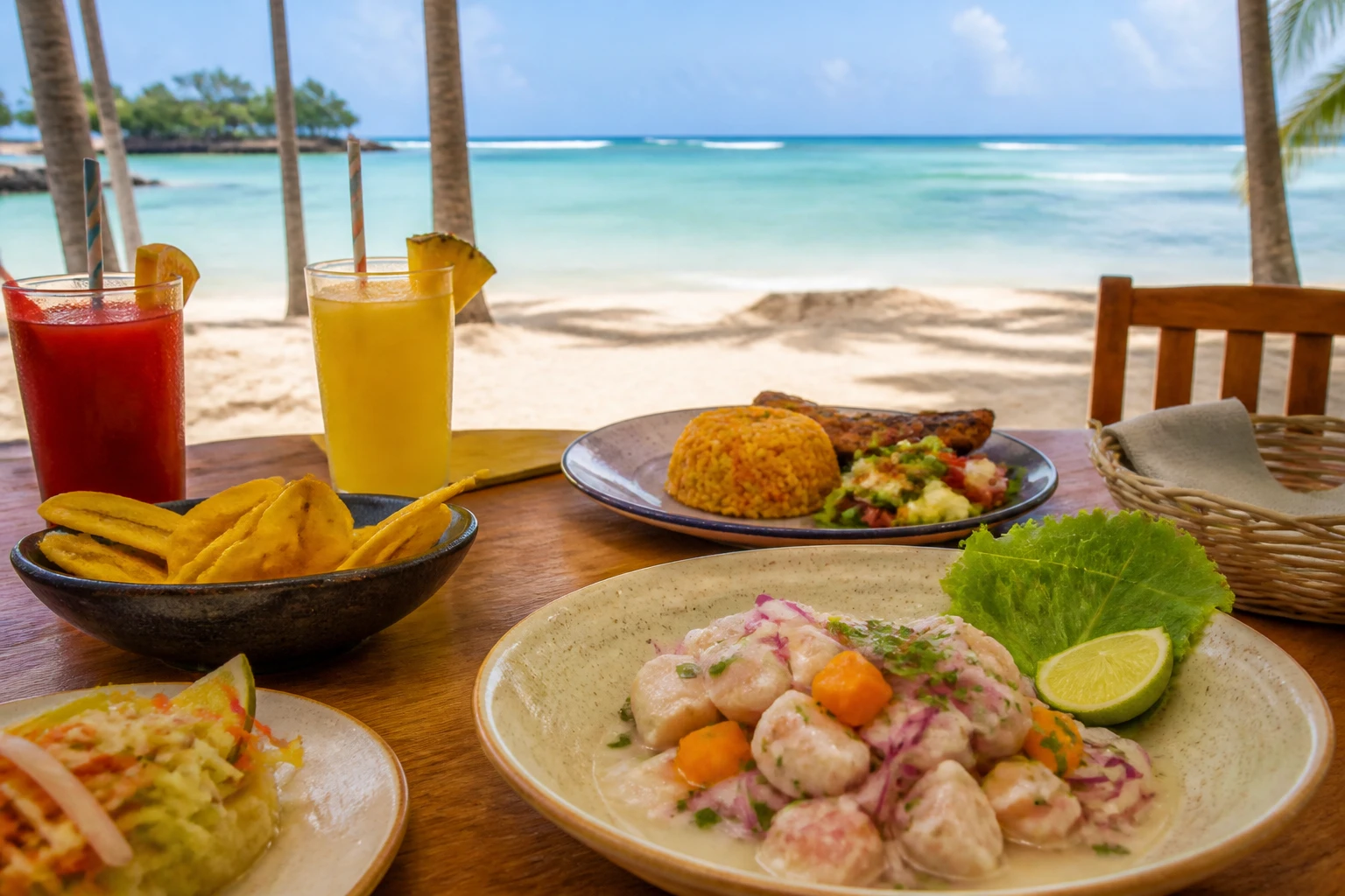 Lunch and drinks in a Caribbean beachfront setting