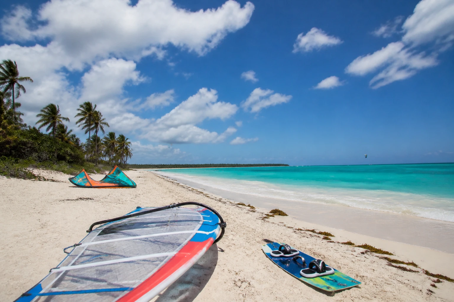 Windsurf and kite equipment on a Punta Cana beach