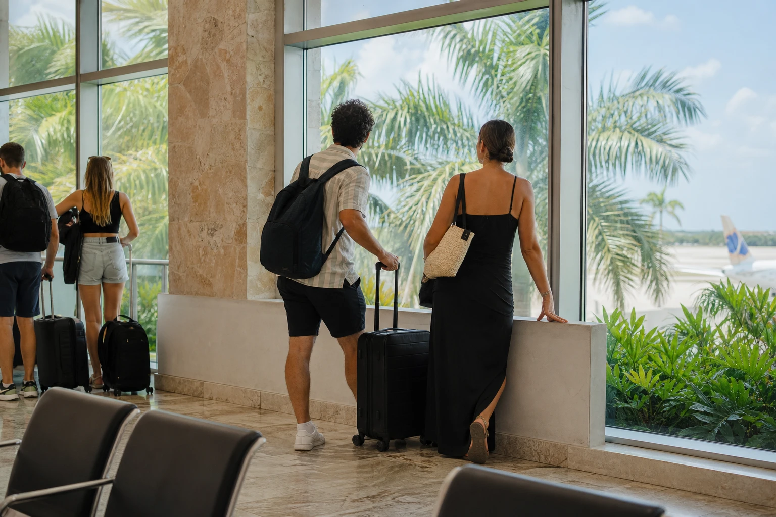 Travelers waiting with carry-on luggage during a Punta Cana airport layover