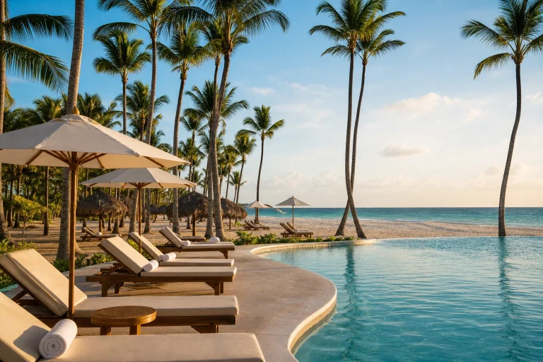 Palm-lined beach and pool setting for a Punta Cana resort stay