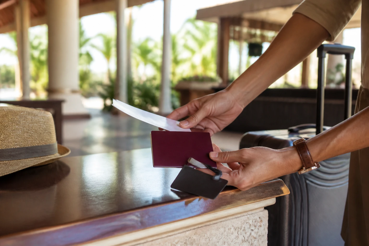 Traveler organizing arrival documents and transfer details