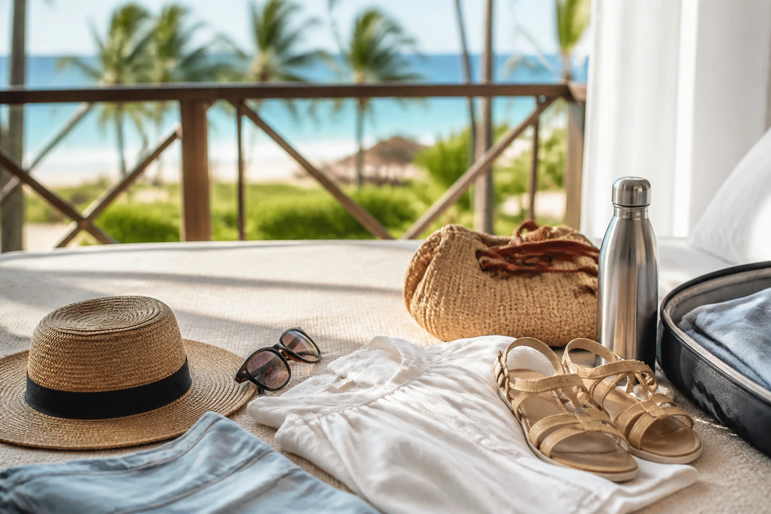 Practical items packed for a Punta Cana beach day