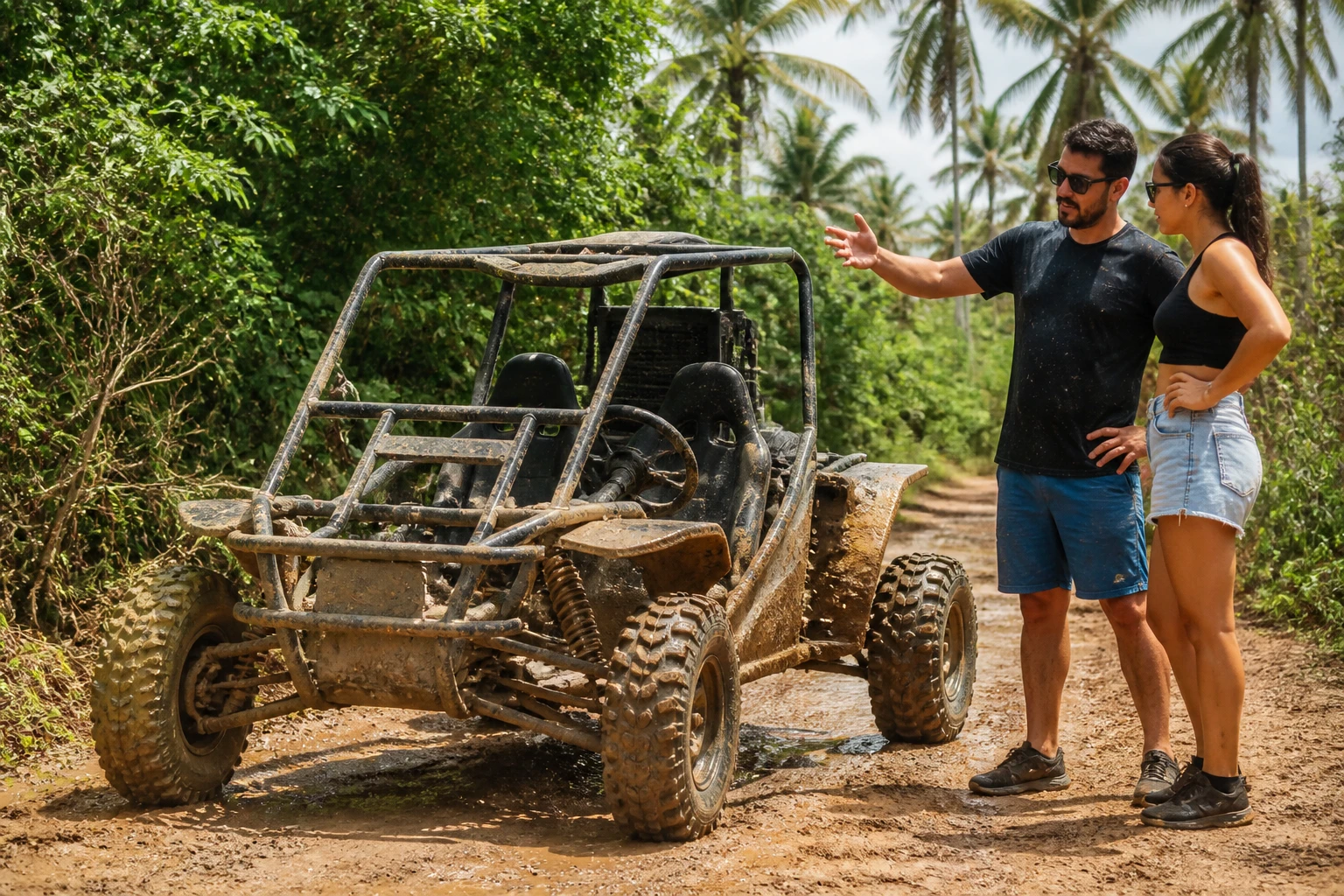 Travelers checking an off-road vehicle on a muddy track
