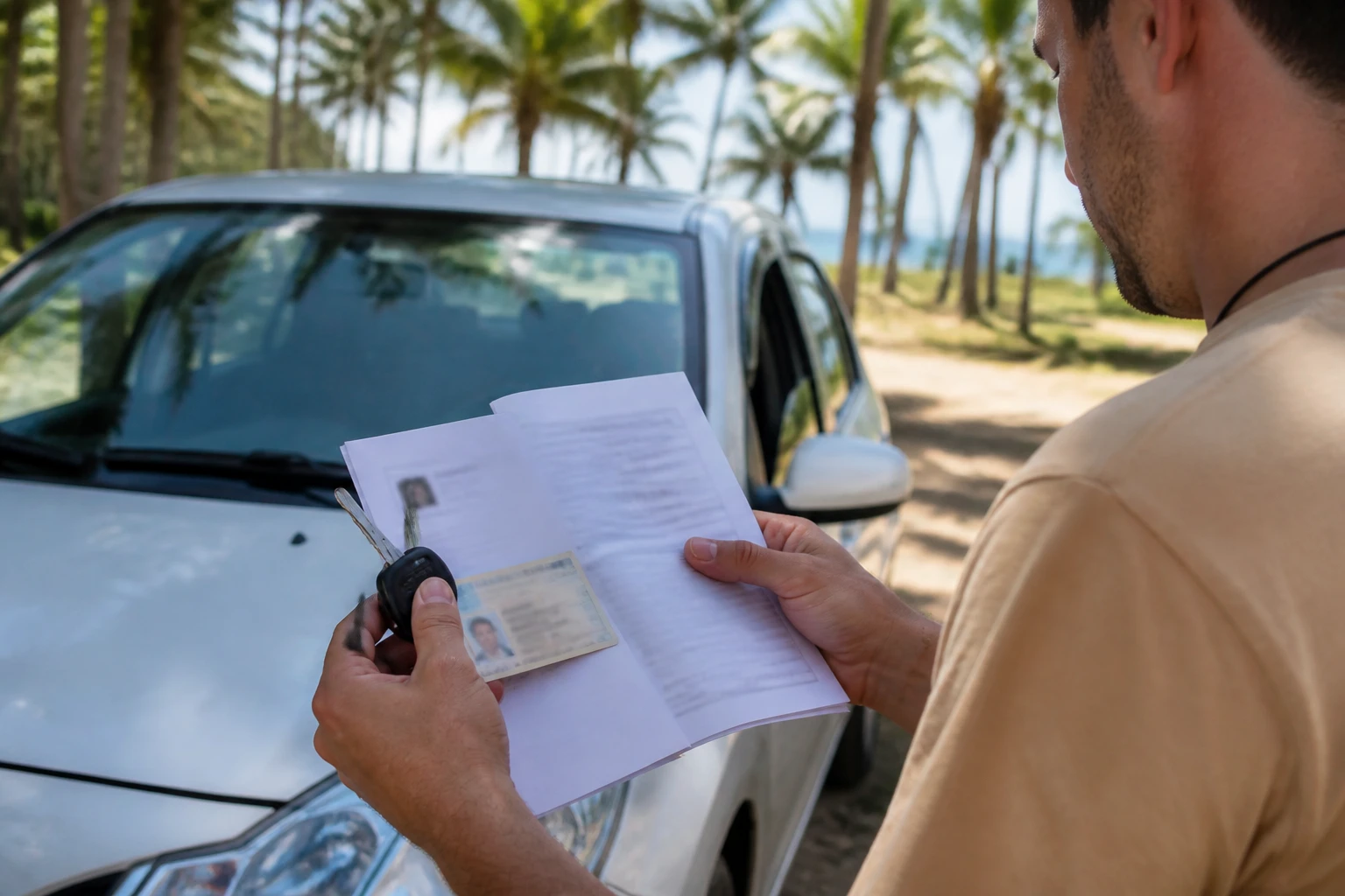Traveler reviewing documents for a Punta Cana car rental