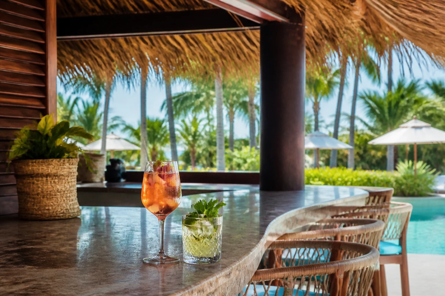 Daytime cocktails beside a resort pool in Punta Cana