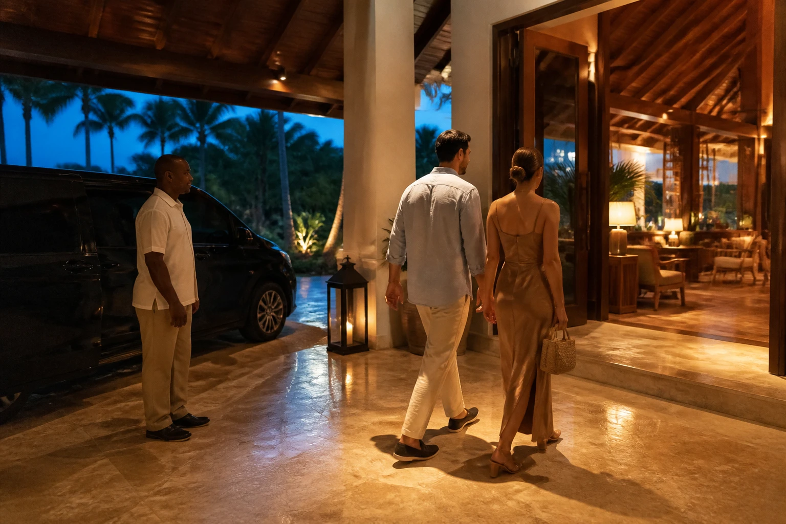 Travelers arriving at a Punta Cana resort lounge at dusk