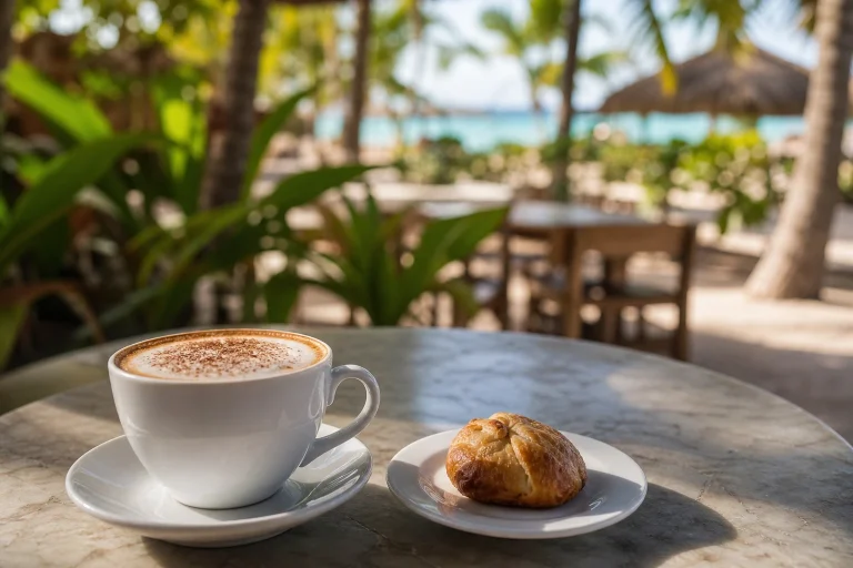 Cappuccino and pastry on a tropical café table in Punta Cana