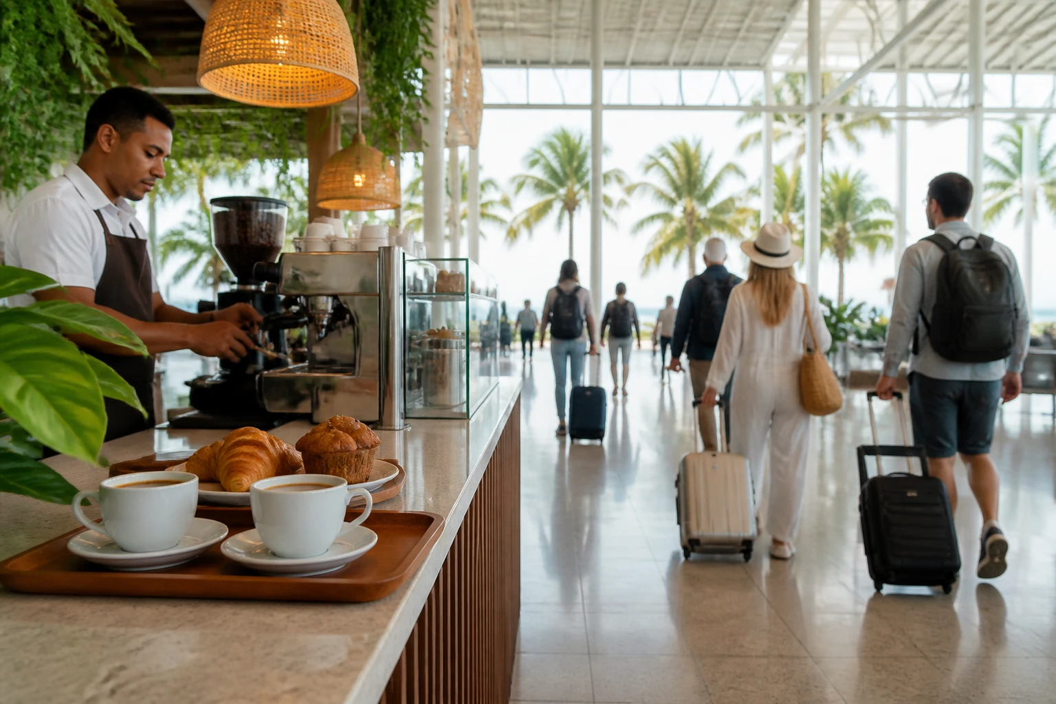 Coffee counter inside a tropical airport departure terminal