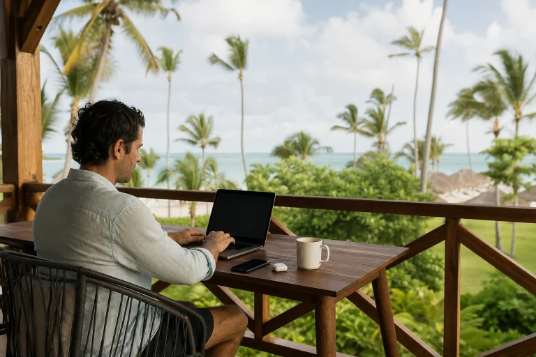 Remote worker using a laptop at a shaded workspace in Punta Cana