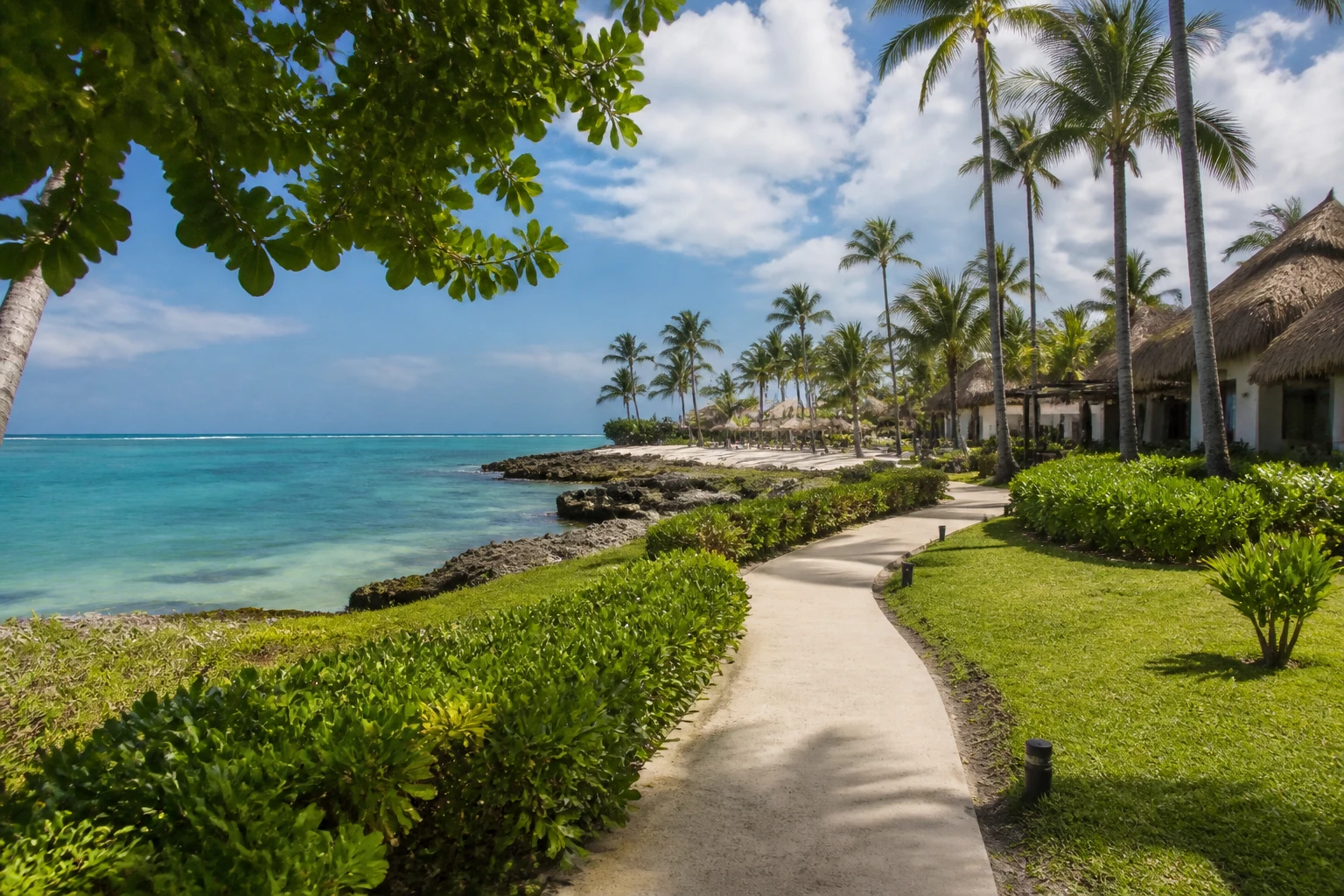 Managed coastal resort setting with tropical landscaping in Punta Cana