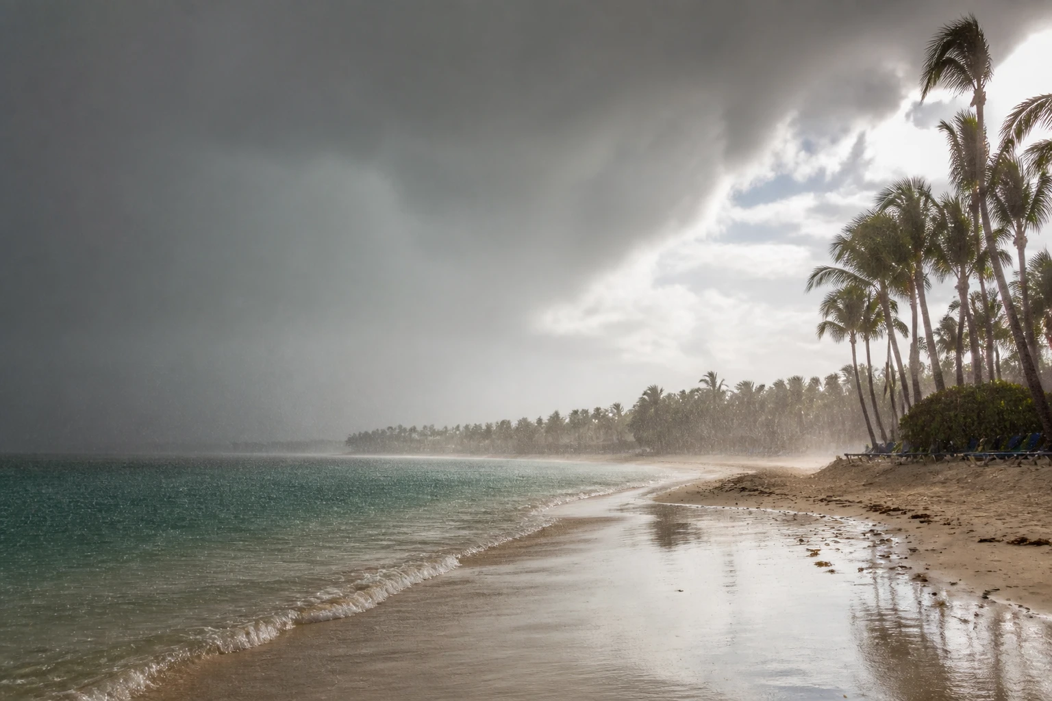A tropical rain shower passing over the Punta Cana coast