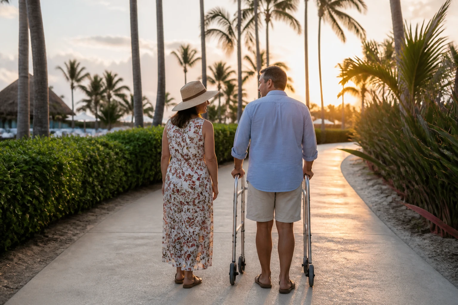 Couple checking an accessible route at a tropical resort