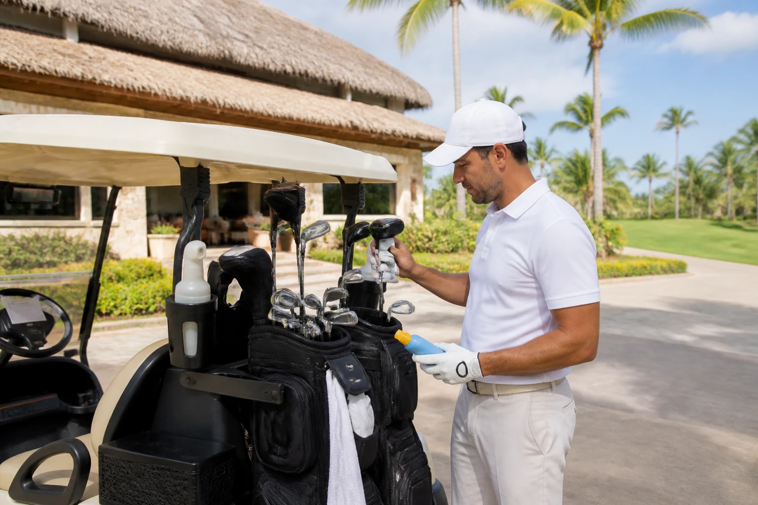 Golfer preparing clubs and sun protection beside a cart in Punta Cana
