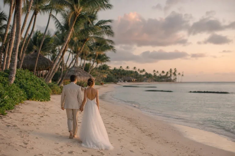Couple walking beside the beach during a Punta Cana honeymoon