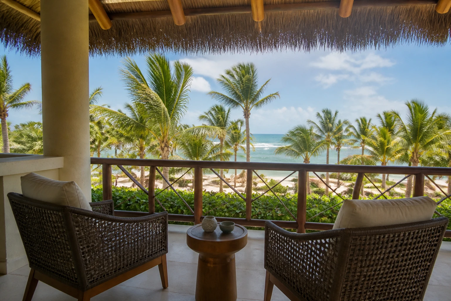 Tropical resort terrace arranged for a Punta Cana honeymoon