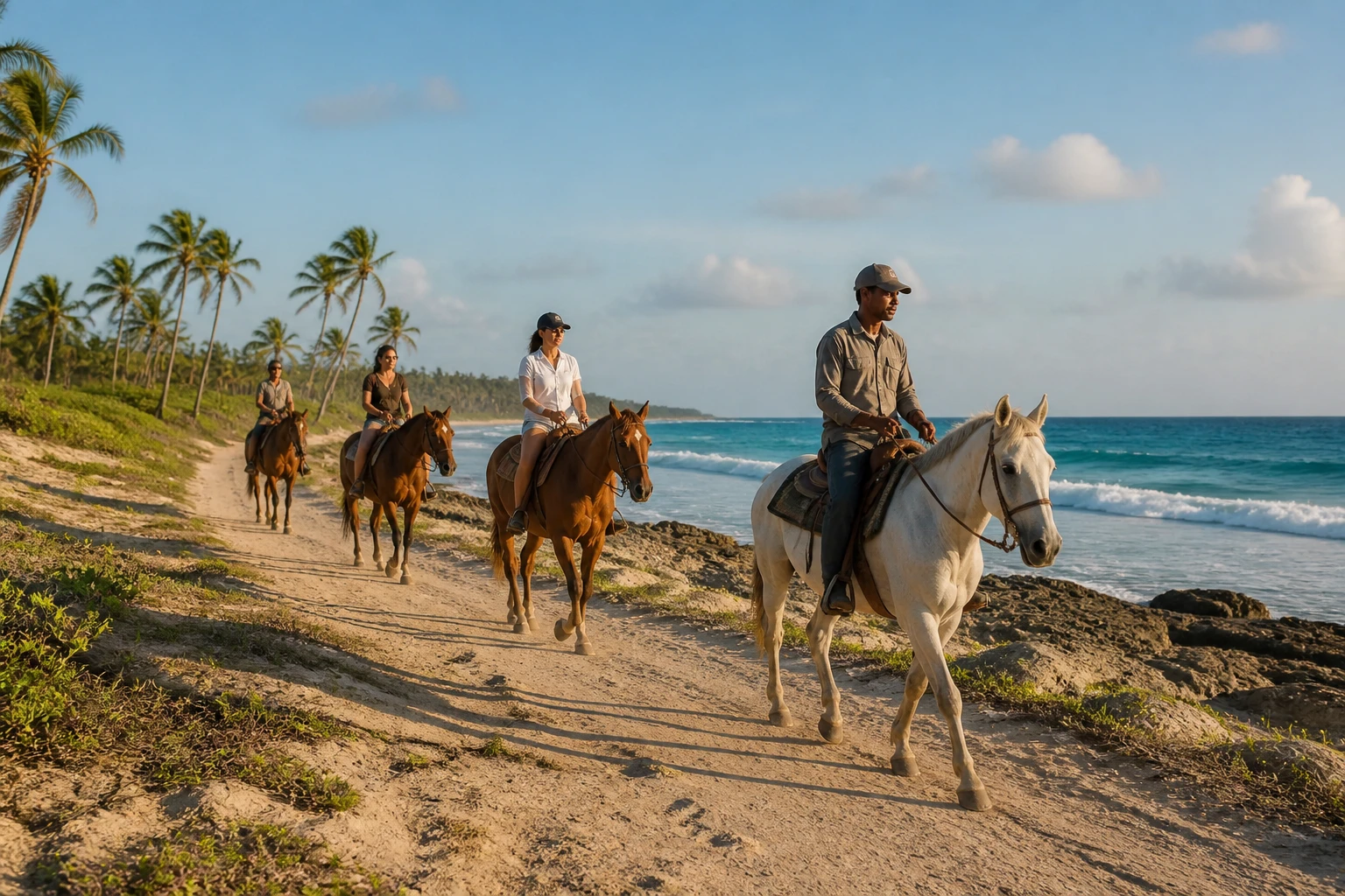 Small guided horseback riding group on the Punta Cana coast