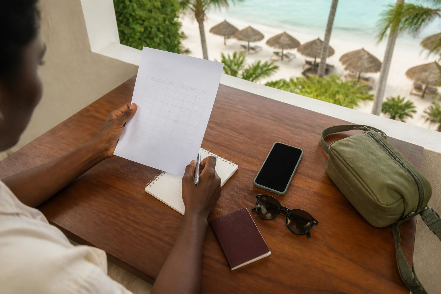 Traveler organizing a trip budget and documents