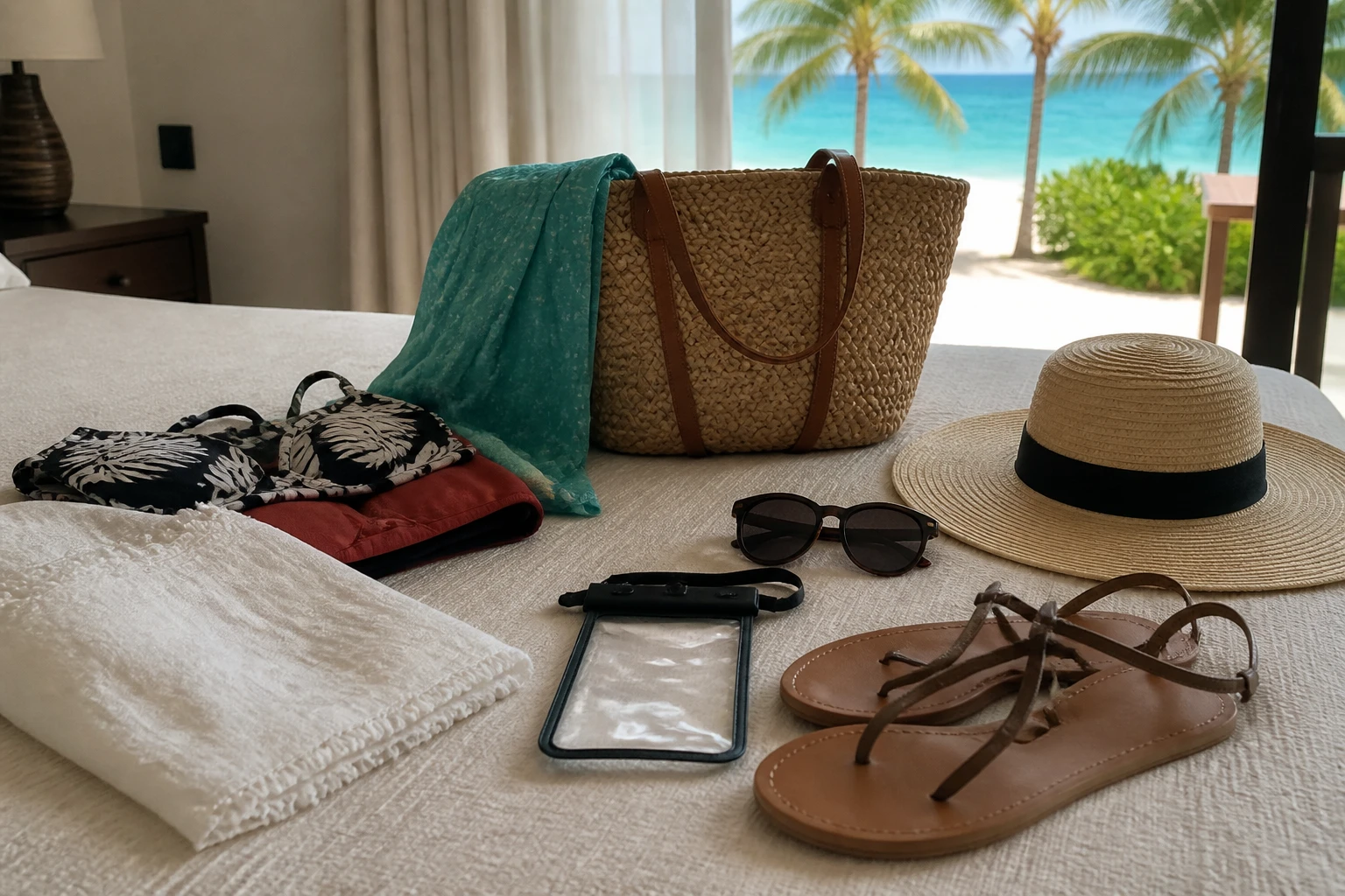 Swimwear, sandals, hat, and beach bag prepared for a Punta Cana beach day