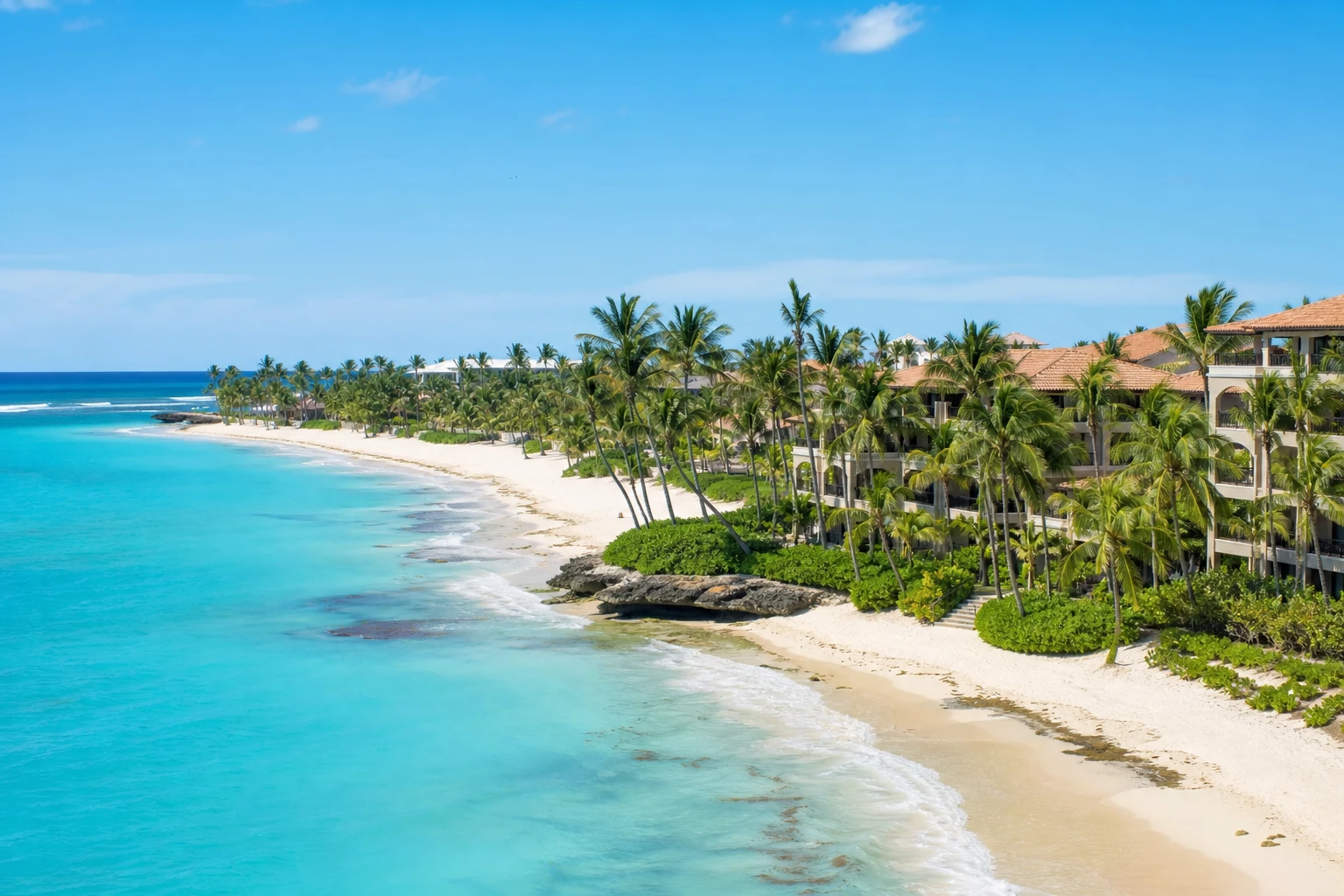 Tropical coastline and resort grounds in Punta Cana