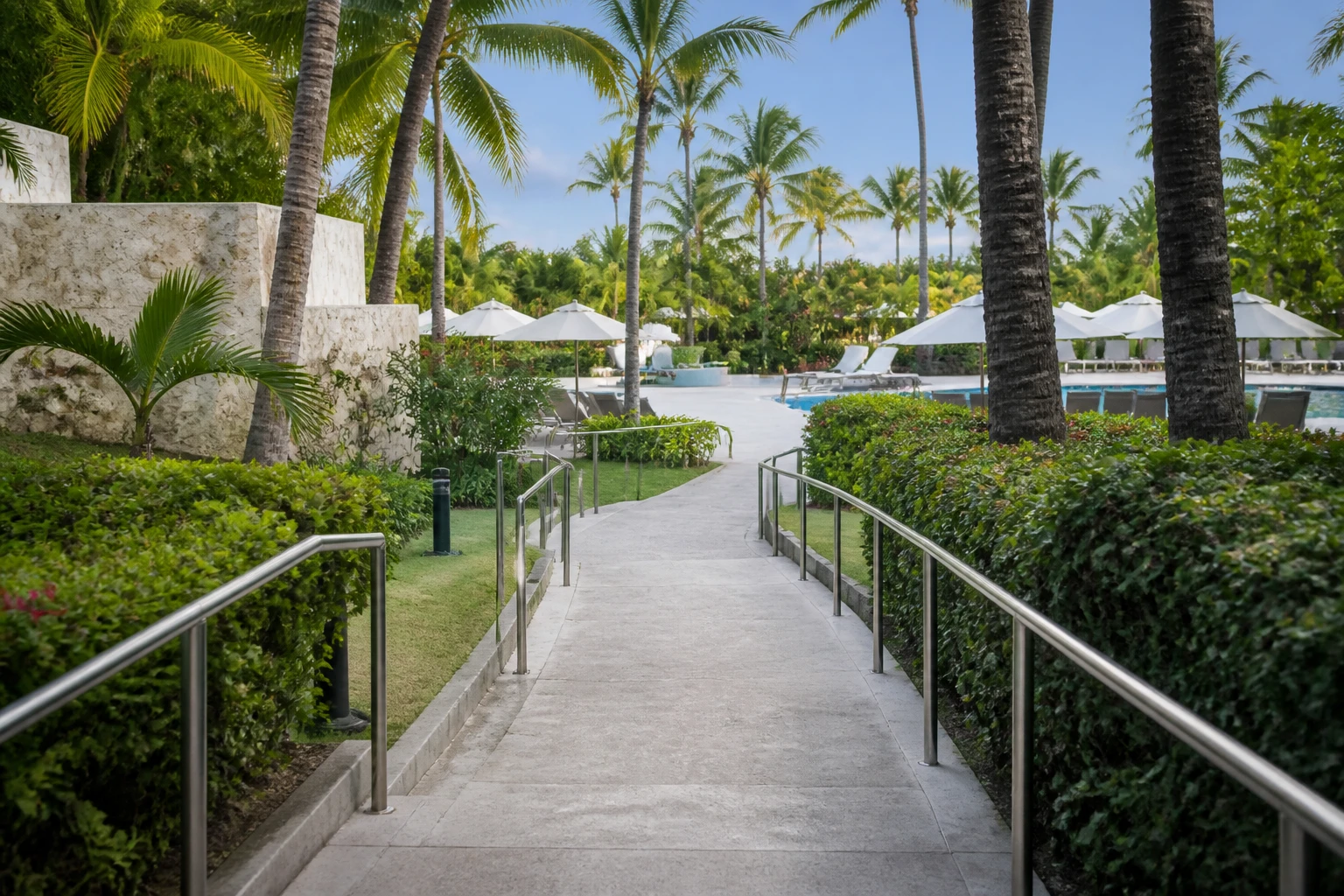Level pathway through tropical resort grounds
