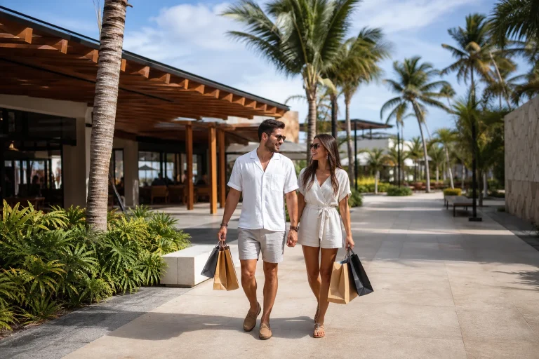 Travelers carrying shopping bags in a tropical Punta Cana retail setting