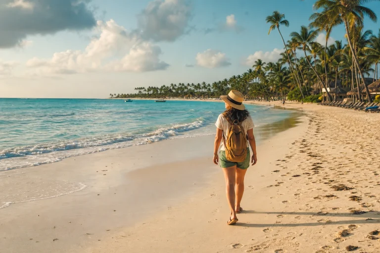 Solo traveler walking on a Punta Cana beach in the morning